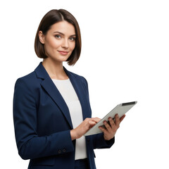 Professional Businesswoman in Navy Blue Blazer Using a Digital Tablet isolated on transparent background