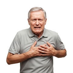 Senior Man Experiencing Chest Pain or Heart Attack Symptoms Holding His Chest isolated on transparent background