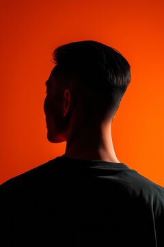 Retrato de perfil de hombre con fondo naranja, Silueta de hombre asi&aacute;tico con corte de pelo moderno, Imagen para campa&ntilde;a de barber&iacute;a con est&eacute;tica urbana