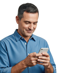 Smiling Mature Man in Blue Shirt Texting on Smartphone Mobile Device isolated on transparent background