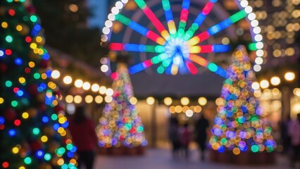 Fototapeta premium Festive lights illuminate a vibrant holiday scene with decorated trees and a colorful display.