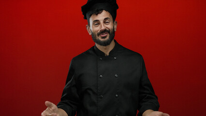 Hispanic male chef with a beard smiles while waving against a vivid red backdrop, wearing a black...