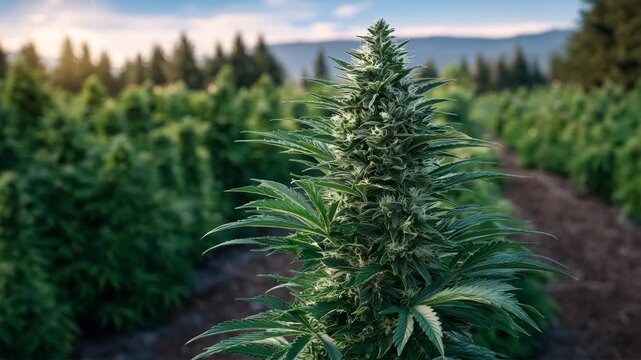 260Close-up of mature cannabis leaves and flowering buds, greenhouse light creating subtle highlights, textures of trichomes visible, capturing natural growth and medicinal applicatio