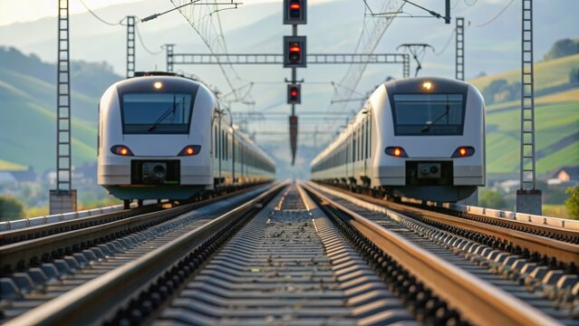 Two modern trains on parallel tracks with green hills and signals in the background.