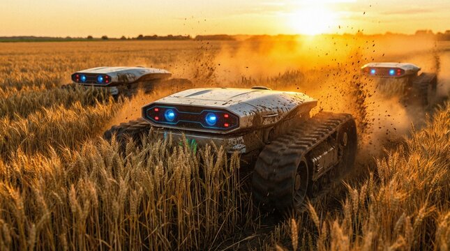 Autonomous Agricultural Robots Speeding Through Wheat Field at Sunset with Dust