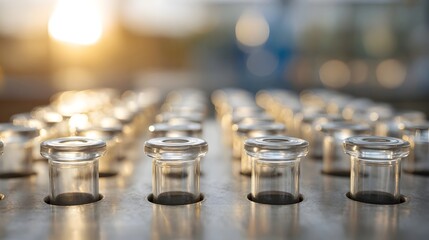 Rows of empty glass vials arranged in a rack under bright soft light suggesting a laboratory or phar eutical production