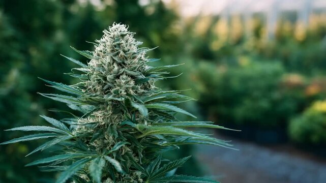 264Macro shot of cannabis buds with fine trichomes, lush green leaves surrounding, greenhouse environment softly blurred, natural medicinal plant photography emphasizing detail and te