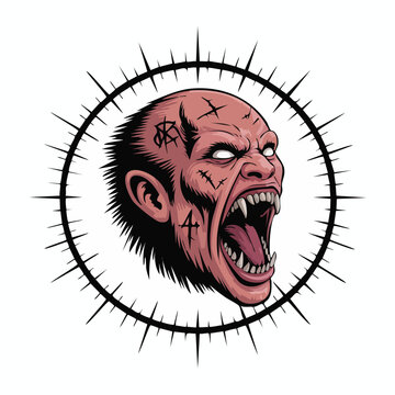 Screaming Zombie Head Surrounded by Barbed Ring.
