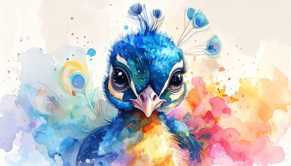 Obraz premium Niedlicher Baby-Pfau – Aquarell Porträt