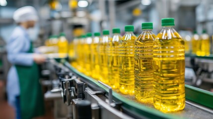 A woman is working in a factory with a conveyor belt of bottles of oil. The bottles are lined up and are being filled with oil