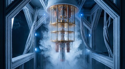 Obraz premium Quantum Computing Processor in Cryostat with Vapor and Ice Crystals