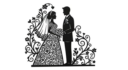 Eternal Union: A silhouette of a bride and groom, adorned with delicate floral details, embodying love, commitment, and the promise of a shared future.