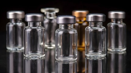 A group of empty clear and amber glass phar eutical vials with silver caps arranged on a reflective surface