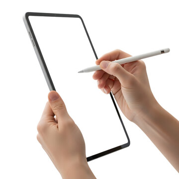 Hands holding an ipad and apple pencil isolated on transparent background