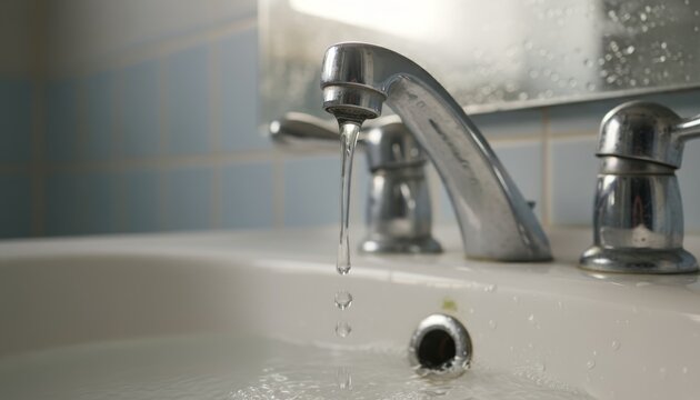 A close-up of a modern faucet with water flowing into a bathtub, showcasing shiny metal and a serene bathroom environment. - Powered by Adobe