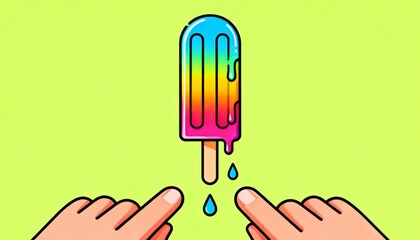 Obraz premium A colorful, melting popsicle is held by two hands against a bright green background, evoking a playful and refreshing summer vibe.