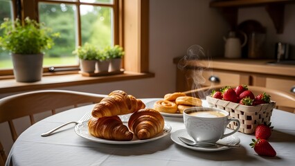 Breakfast table with croissants steaming coffee cup strawberries and donuts in a kitchen with a sunny window