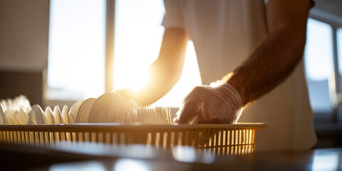 Commercial kitchen worker organizing clean dishes in a professional restaurant during daily routine
