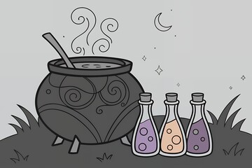 Magical witchcraft scene with bubbling cauldron and potion bottles under moonlight