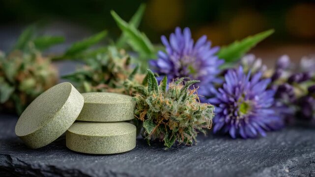 292Macro photograph of green tablets resting on cannabis flowers, natural trichome details visible, vivid color contrast highlighting holistic and scientific approaches in medicine