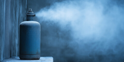 Frozen gas cylinder valve releasing compressed gas vapor showing cold temperature pressure, industrial hazard danger