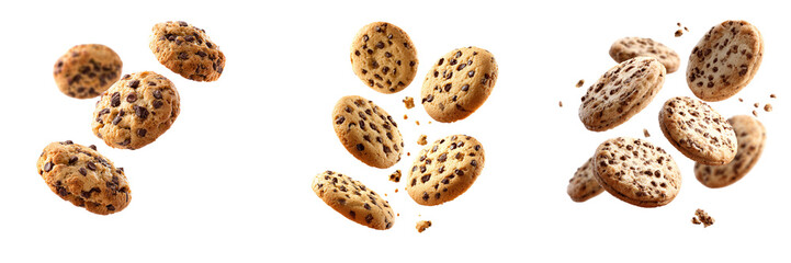 Collection of creamy chip cookies floating isolated on a transparent background