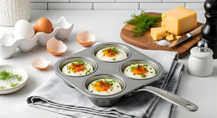Close up of egg muffins in muffin tin with eggs, cheese and dill creating delicious breakfast or brunch in bright kitchen setting food photography