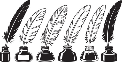 Five quill pens with black ink bottles in a row on a white background feather © Limon