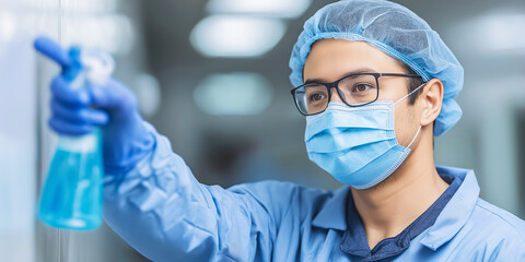 Sanitation worker disinfecting surface with spray bottle, ensuring hygiene and protecting against viruses in public spaces