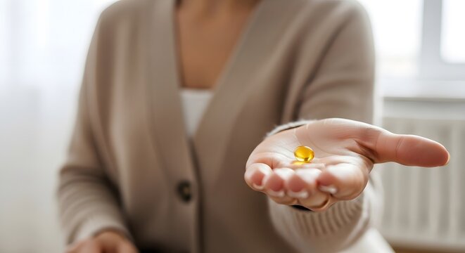Woman holding a single yellow vitamin capsule in her open palm, representing a health and wellness supplement concept
