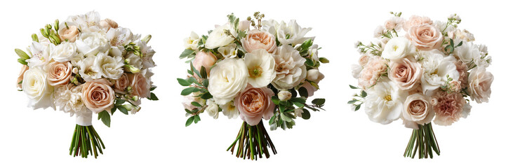 Collection of luxurious bouquet of white and blush flowers isolated on a transparent background