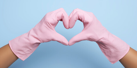 Pink rubber gloved hands creating heart shape showing love, care, and protection during cleaning or domestic tasks