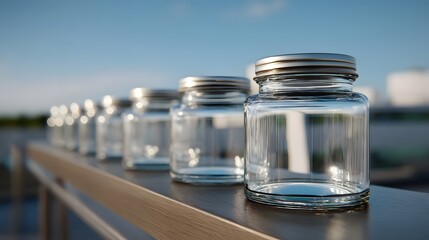 A neat row of empty clear glass jars with metallic lids arranged on a surface outdoors under a bright blue sky