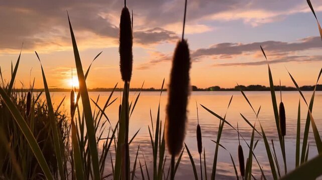 Tall slender bulrushes standing sentinel along a reedy shore at golden hour sunset over a calm lake