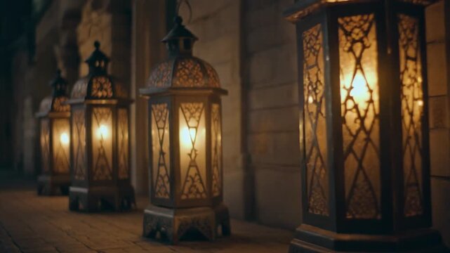 Row of lanterns with subtle camera pan, cinematic style