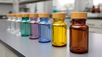 Colorful laboratory vials with orange caps arranged in a row on a scientific research bench