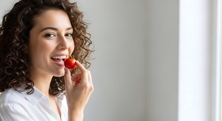 Smiling young girl eating sweet cherry tomatoes, embracing a healthy diet and natural vitality for a wholesome nutrition concept.