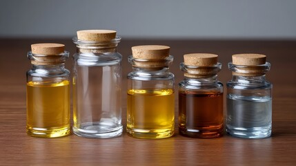 A lineup of five small glass bottles with cork stoppers containing various colored liquids on a wooden surface
