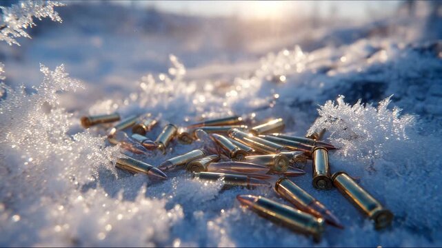 325Empty bullet shells scattered across a winter landscape, close-up showing metallic gleam and frost accumulation, emphasizing realism and cold, tense atmosphere