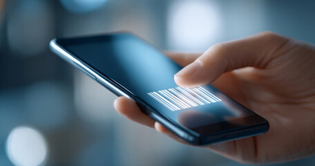 Close-up of a person scanning a barcode on a smartphone screen with finger interaction in a modern digital environment
