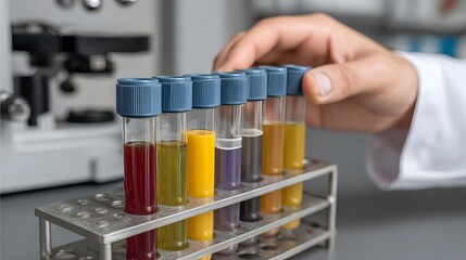 A scientist handles colorful liquid samples in test tubes with a microscope in a laboratory setting