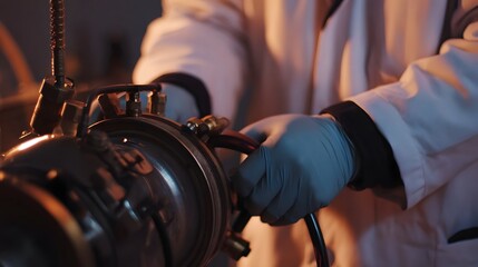 Fototapeta premium Hands in blue gloves meticulously adjusting intricate scientific apparatus in a laboratory setting