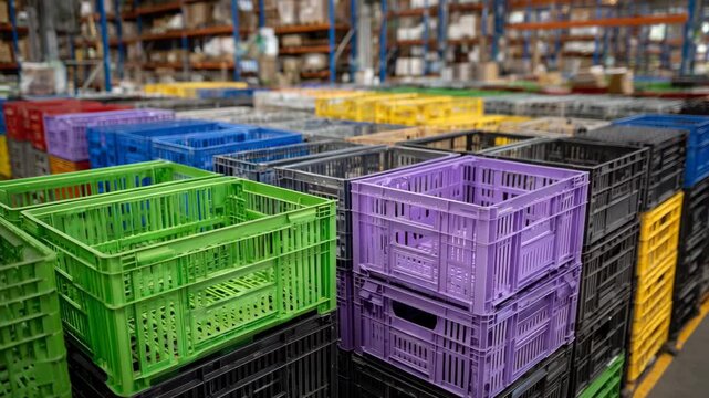 331Stacks of colorful plastic crates filled with medical supplies in a warehouse, organized rows under bright industrial lighting, shadows emphasizing depth and scale, ready for distr