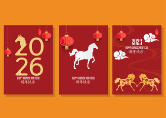 Obraz premium Chinese New Year 2026 Greeting Card Collection with Year of the Horse Silhouettes, Red Lanterns, Golden Typography, and Traditional Clouds for Lunar Festival Holiday Poster Designs