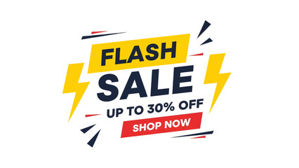 A vibrant flash sale banner with lightning bolts, announcing up to 30% off and encouraging shoppers to shop now.