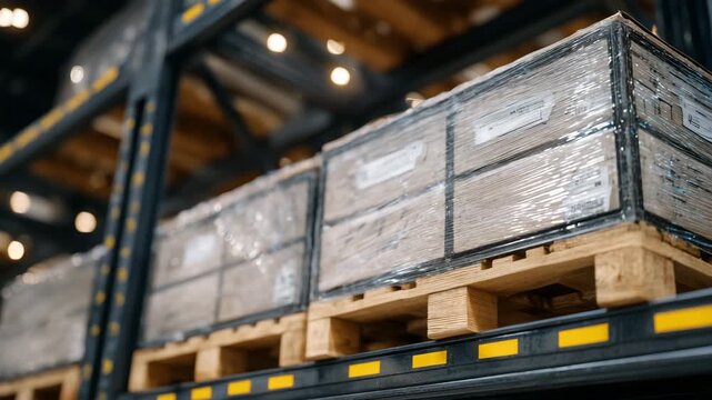 341Perspective of stacked crates in a modern storage facility, medical supplies contained within, textures of plastic and cardboard highlighted, orderly industrial setup ready for shi