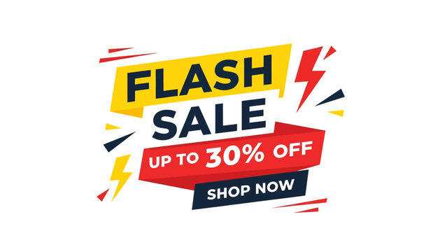 A vibrant graphic banner announcing a flash sale with up to 30% off, featuring bold text, lightning bolts, and a 'Shop Now' call to action.