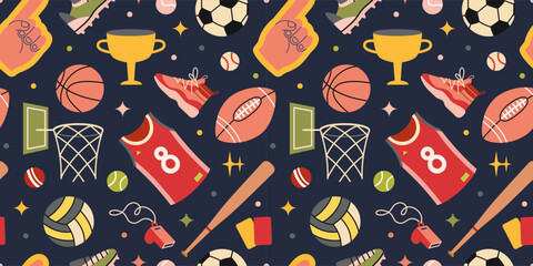Seamless pattern with team sports gear, balls, uniforms and trophies. Trendy modern vector illustration a dark background, hand drawn, flat design. © WinWinFolly