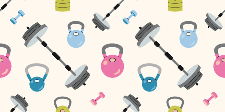 Seamless pattern with fitness equipment like kettlebells, barbells and dumbbells. The concept of strength and weight training. Trendy vector illustration a light background, hand drawn, flat design