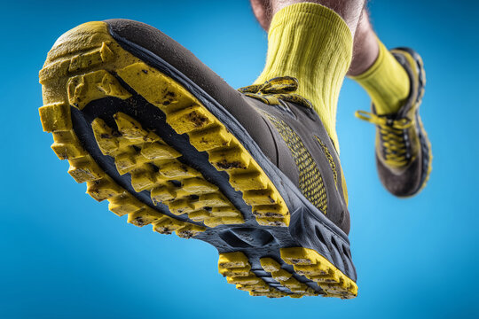Primer plano de corredor en zapatillas deportivas negras y amarillas, Suela de zapatilla de trail running en primer plano, Fotograf&iacute;a de producto deportiva y minimalista